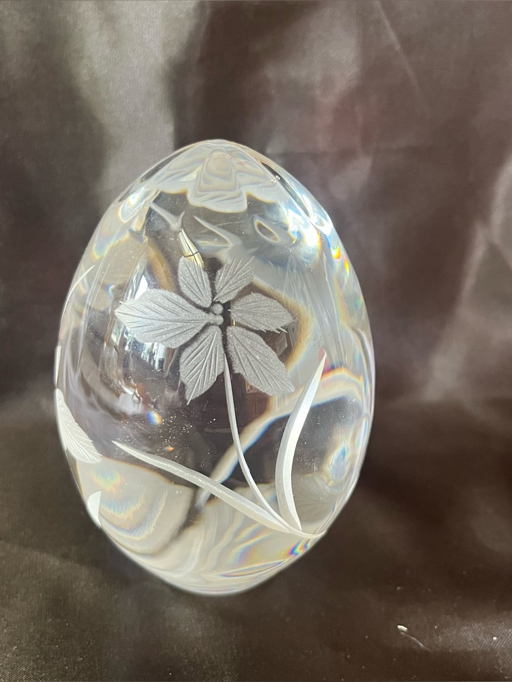 Vtg Bombay Poland 24% Lead Crystal Vintage Etched Flowers Egg Shaped Paperweight